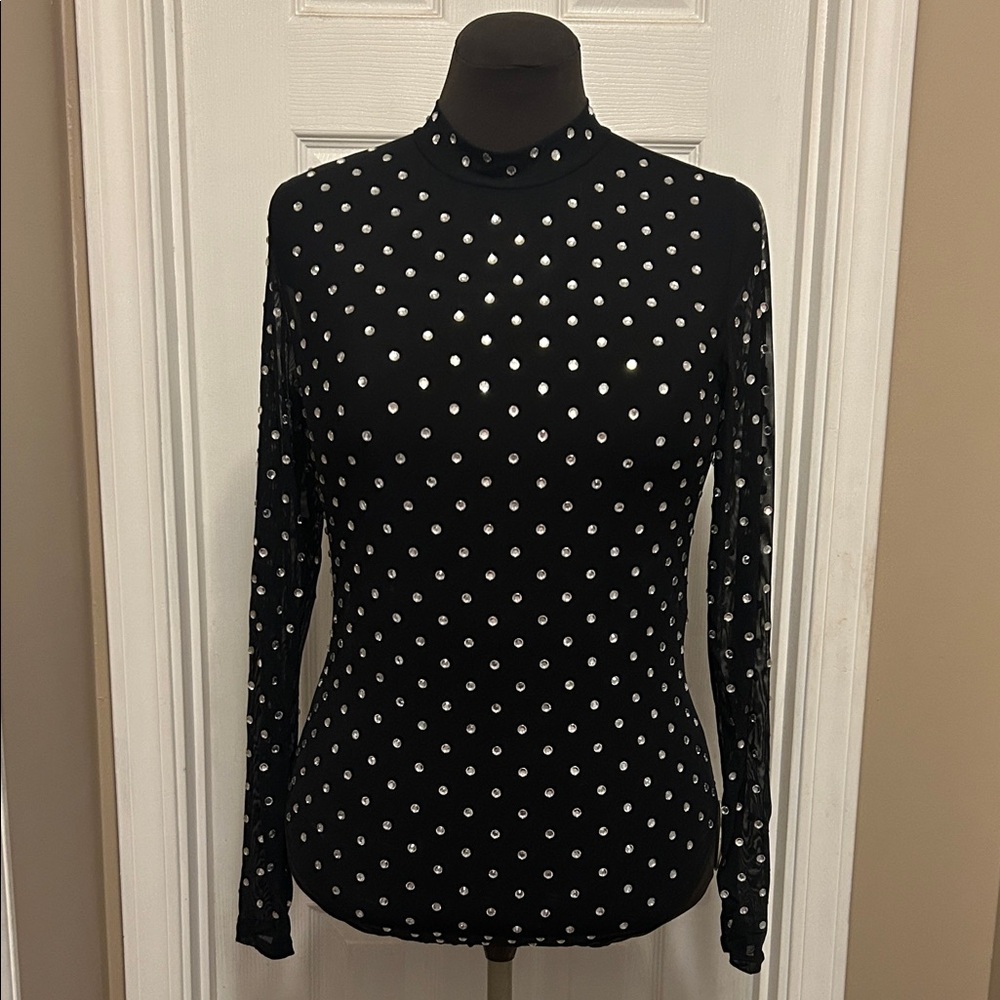 Black Mesh and Rhinestone Mock Neck Long Sleeve Bodysuit